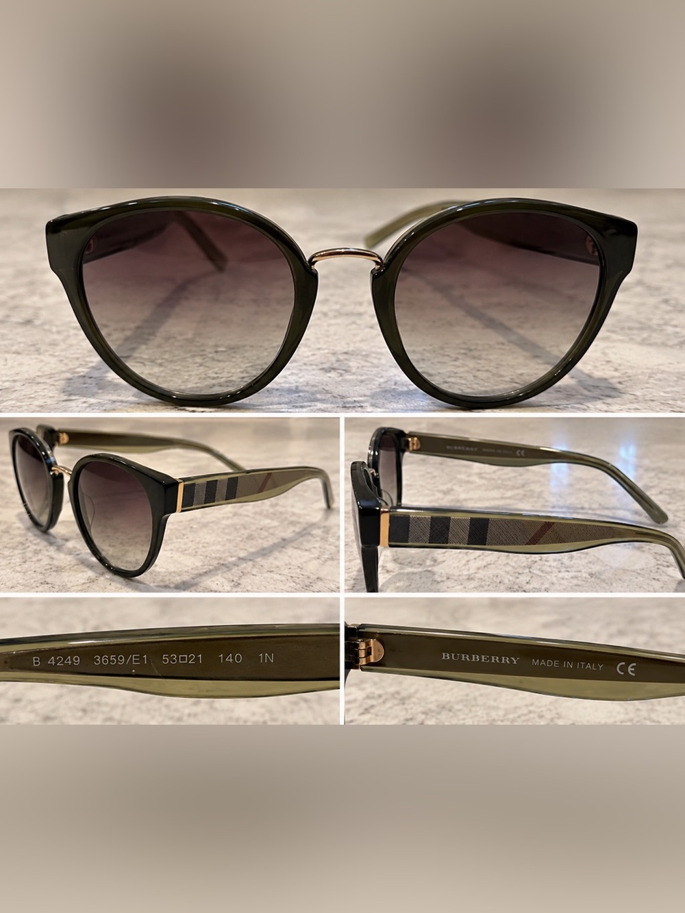Burberry Olive Green Round Women’s Sunglasses with Check Temples